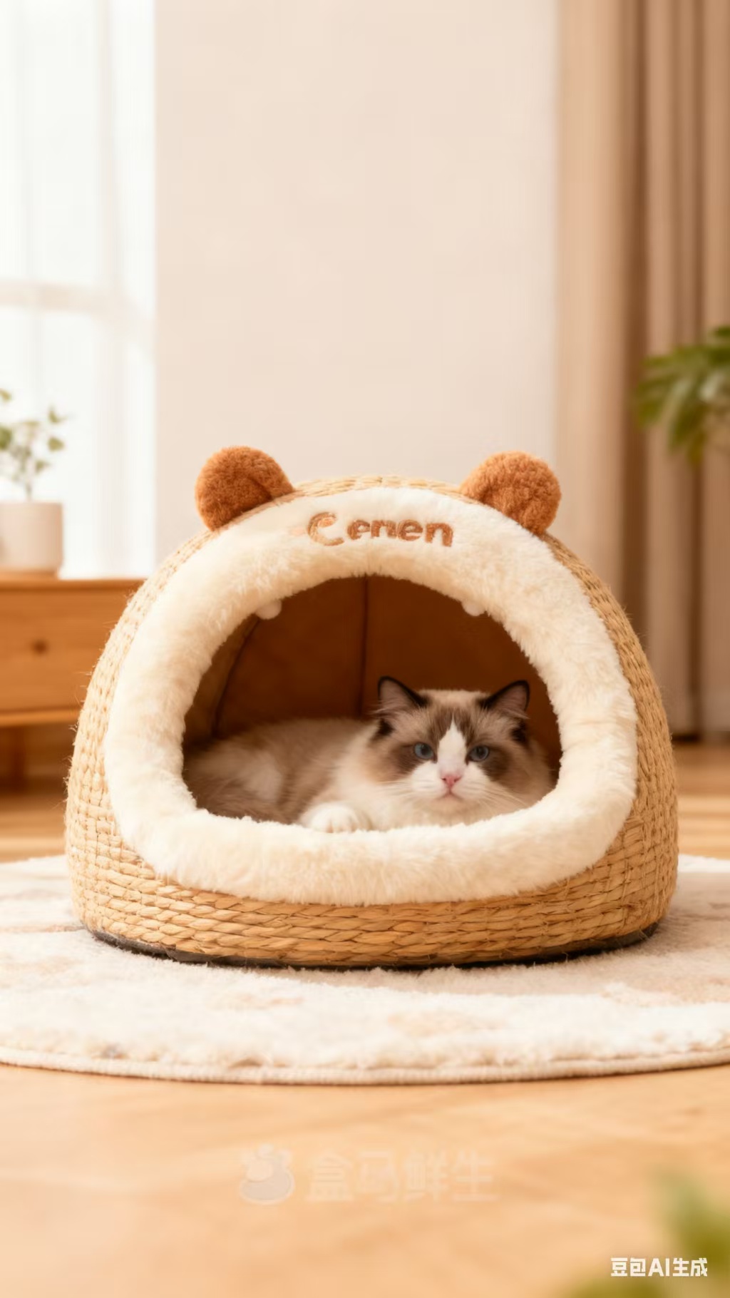 舒适宠物床铺,柔软布料材质,圆形设计,浅色系搭配,摆放在室内环境中